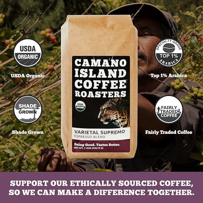 Camano Island Coffee Roasters Varietal Supremo Espresso Blend Whole Bean 12oz Fresh Dark Roast USDA Organic Fairly Traded Shade Grown Arabica Chocolate Caramel Hint of Spice Flavor Profile