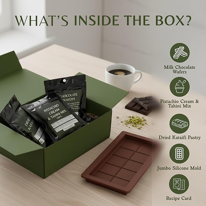 Dubai Chocolate Bar Kit Master Make at Home Set with Pistachio Cream Tahini Mix Dried Kataifi Milk Choco Melting Wafers Jumbo Bar Mold &amp Step-by-Step Guide – Unique Premium Gift for Dessert Lo