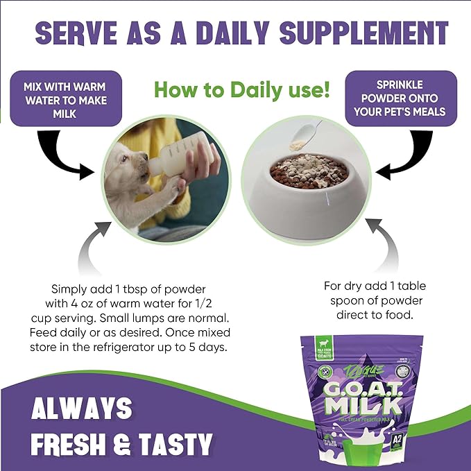 Rogue Pet Science G.O.A.T Milk – Powdered Goat Milk for Dogs and Cats. One 16-oz Bag Makes 6 Quarts. Human Grade A2 Powder for Adult Pets Senior Hydration Puppy and Kitten Food Topper