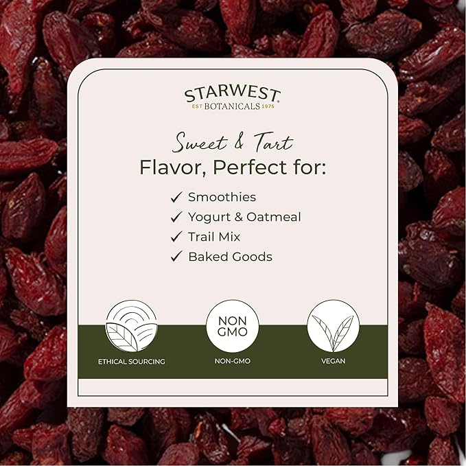 Starwest Botanicals Dried Goji Berries Organic - Whole Goji Berries Dry Organic for Oatmeal Trail Mix Salad Baking Yogurt &amp More Natural Sweet Flavor Non GMO - Bulk 1 lb Bag