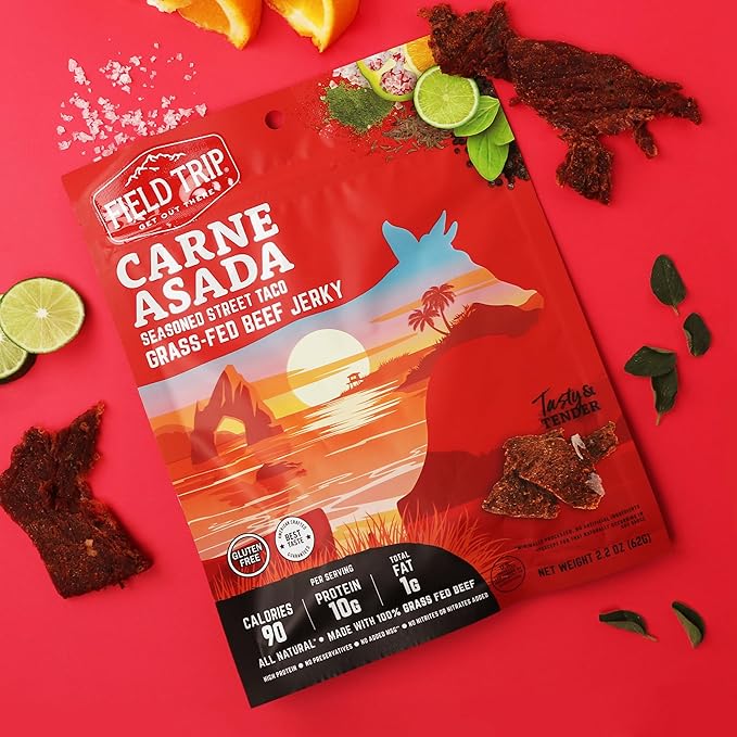 Field Trip Grass Fed Beef Jerky Healthy Gluten Free Snacks All Natural High Protein Low Carb Snack with No Nitrates 2.2oz 4 Pack Carne Asada