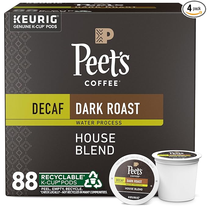 Peet's Coffee Dark Roast Decaf Keurig K-Cup Pods Decaffeinated Arabica Coffee - Decaf House Blend 88 Count (4 Boxes of 22 K-Cup Pods)