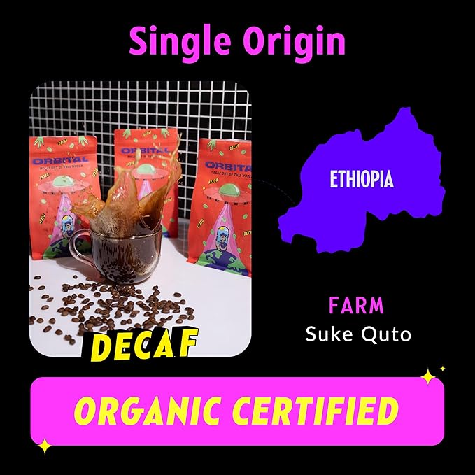 Organic USD Certified Swiss Water Process Decaf Whole Bean with tasting notes of Peach Nectarine Blackberry &amp Lime. Experience Orbital's Full-bodied clean and sweet brown sugar finish - 12 Oun