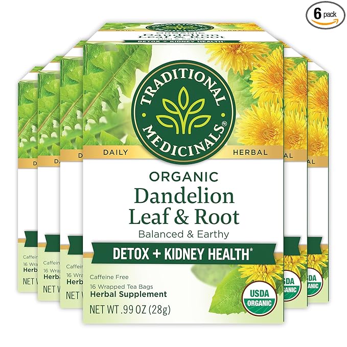 Traditional Medicinals Organic Dandelion Leaf &amp Root - Dandelion Root Tea Supports Normal Detox + Digestion - Kosher Non-GMO Caffeine-Free Compostable - 96 Tea Bags (6 Packs of 16)