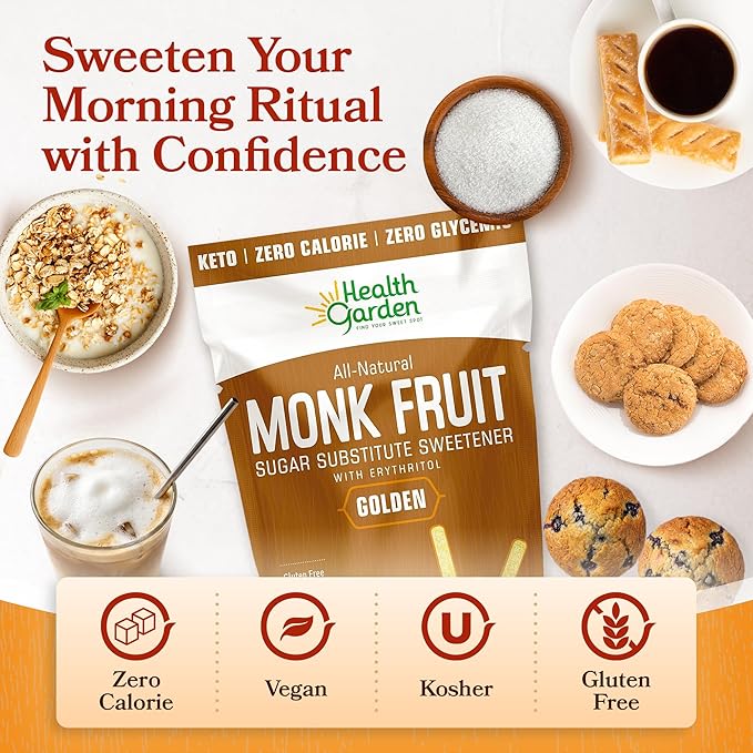 Health Garden Monk Fruit Sweetener Golden 2.5lbs Bag – 1:1 Monk Fruit Sugar Substitute with Erythritol – Zero Calorie Monkfruit Sweetener Pure – Ideal for Baking Keto Friendly Non-GMO Kosher