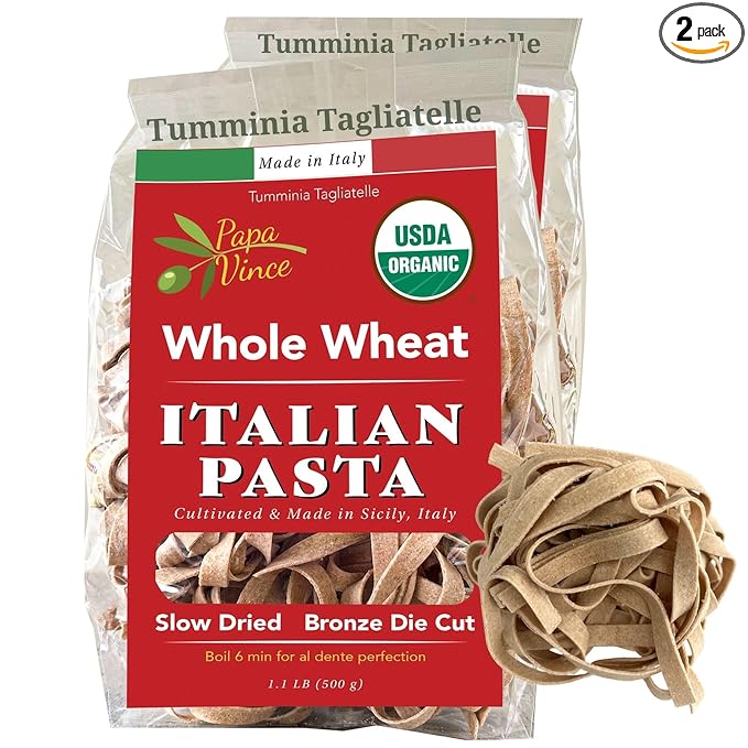 Papa Vince Organic Diabetic Friendly Pasta: Low GI Organic Whole Wheat Italian Pasta Made in Italy from Ancient Heirloom Grain. High Fiber Slow Carb Slow Dried Bronze Cut Non Enriched (Tagliatelle