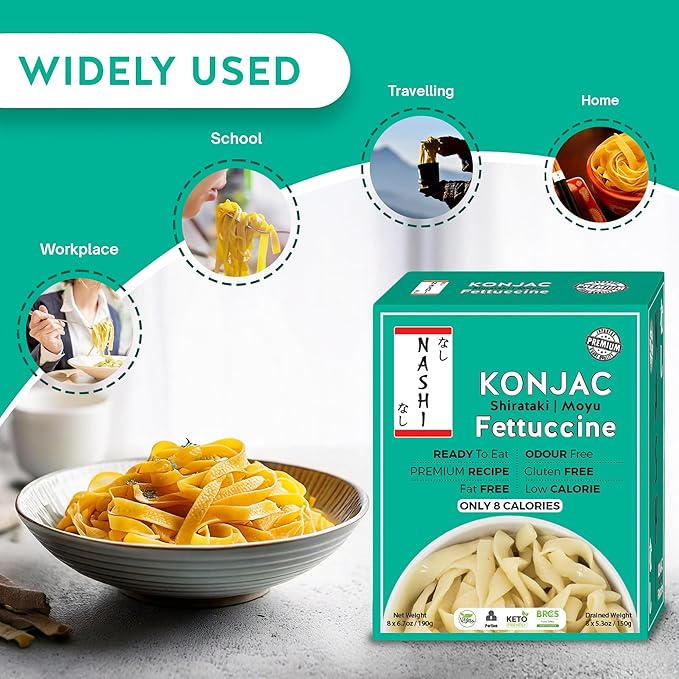 Nashi Shirataki Konjac Fettuccine Noodles - Pack of 8 | Glucomannan Premium Recipe Keto-Friendly | Low-Calorie Zero-Carb Vegan &amp Gluten-Free Odour-Free High Fiber | Ready-to-Eat Food | 53.61