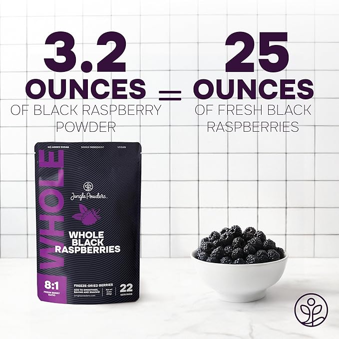 Jungle Powders Freeze Dried Strawberries Organic USDA Certified Strawberry Slices 3.2 Ounce Bag + Whole Black Freeze Dried Raspberries 3.2 Ounce Bag - Dried Fruit Healthy Snacks for Kids