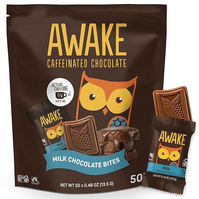 AWAKE - Caffeinated Chocolate Bites - Milk Chocolate 50 Bites - 50mg Caffeine - Individually Wrapped Energy Bites - Coffee Alternative - Fairtrade Gluten Free Non GMO - 0.48oz