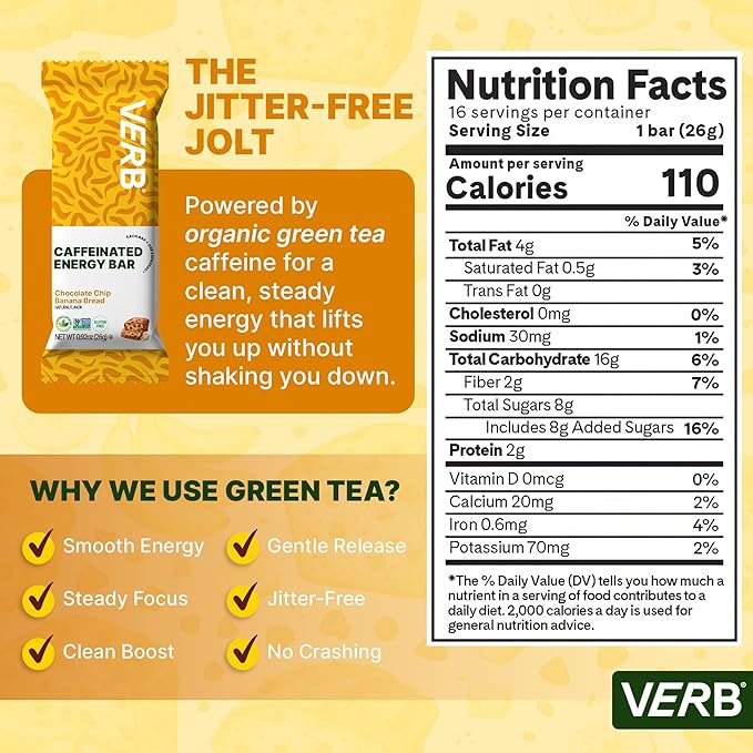 Verb Caffeinated Energy Bars Chocolate Chip Banana Bread (26g Pack of 16) 110-Calorie Delicious Energy Bar Gluten Free On-the Go Snack with 80mg Green Tea Caffeine Only Real-Food Ingredients