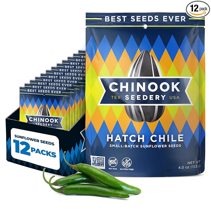 Chinook Seedery Sunflower Seeds to Eat — Jumbo Flavored Roasted Low Sodium Snacks — Keto Friendly Gluten-Free Non-GMO — Hatch Green Chile Flavor 4 oz (12-Pack)
