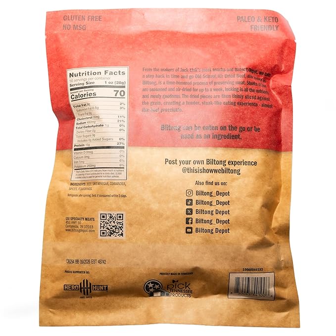Biltong Depot Lean Original Biltong Slices - 1lb (16oz) | Air-Dried Beef Jerky Snack | High Protein | Paleo &amp Keto Friendly | Zero Sugar | Gluten Free | No Artificial Preservatives | No MSG
