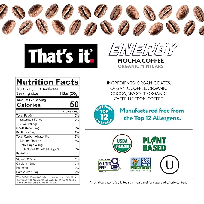 That's it. Organic Energy Coffee Mini Bars - Mocha Coffee (1 Mini Bar = 1 Cup of Coffee) Grab and Go No Added Sugars Non-GMO Caffeine Power Snack Kosher Allergy Friendly (Mocha Coffee - 15 Pack)