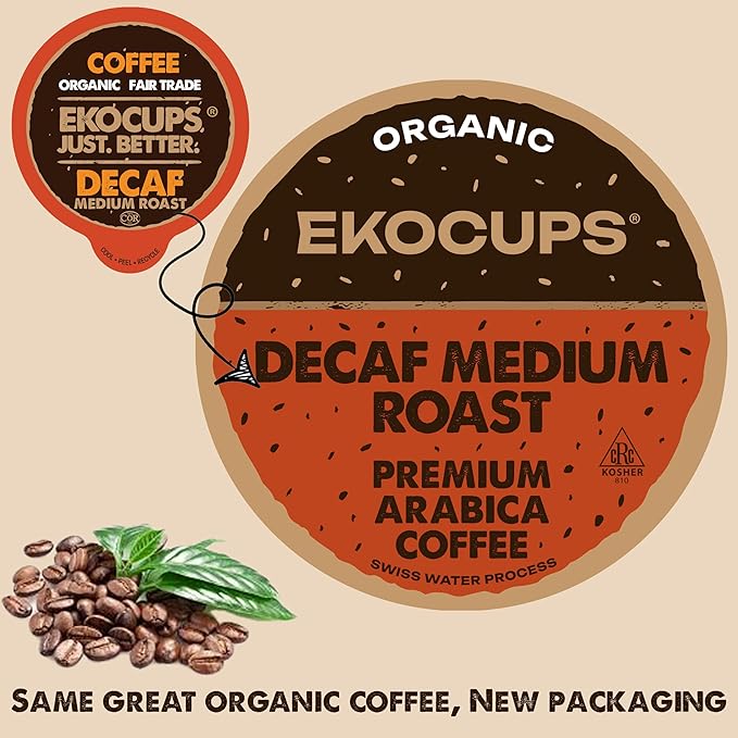 EKOCUPS Organic Swiss Water Decaf Medium Roast Coffee Pods Extra 30% More Coffee Per Cup Artisan Fair Trade Decaf Medium Roast Coffee for Keurig K Cup Machines Recyclable Pods 80 Count