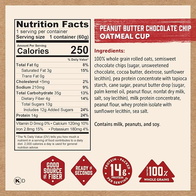 Kodiak Cakes Instant Oatmeal Cups Peanut Butter Chocolate Chip High Protein 100% Whole Grains (12 cups)