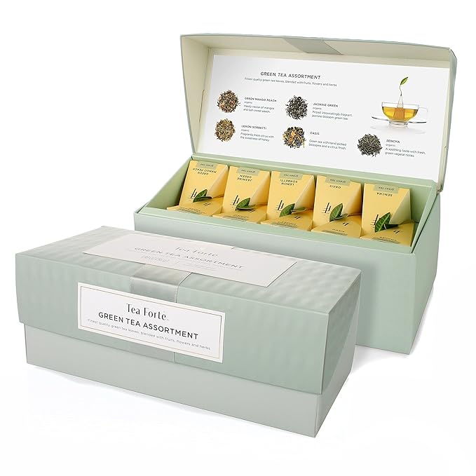Tea Forte Premium Presentation Box Gift Set Sampler 20 Count Assorted Blends Individually Wrapped Handcrafted Pyramid Infuser Bags Green Tea