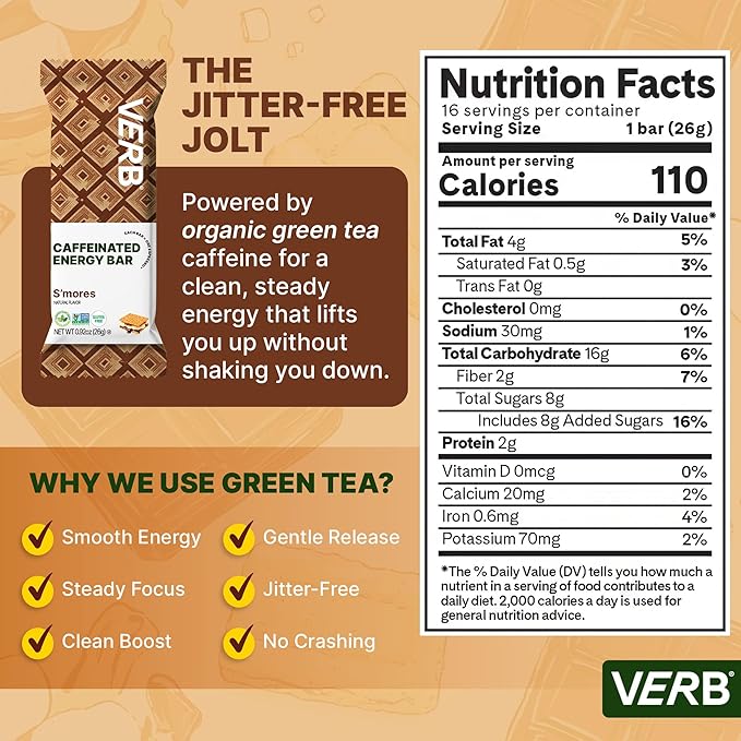 Verb Caffeinated Energy Bars Variety Pack - 2 Delicious Flavors (26g Pack of 16) 110-Calorie Delicious Low Sugar Energy Bar Vegan &amp Gluten Free On-the Go Snack with 80mg Green Tea Caffeine