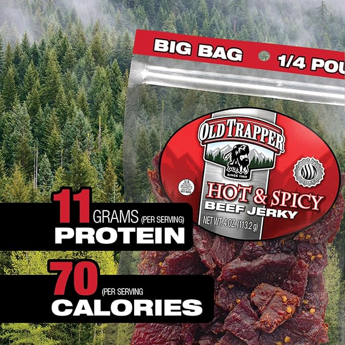 Old Trapper Beef Jerky Hot &amp Spicy 1/4-Pound Individual Package Savory and Spicy Meat Snacks for Lunches or Between Meals 11 Grams of Protein and 70 Calories per Serving (Pack of 8)