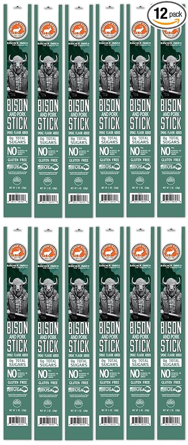 PEARSON RANCH Bison Stick Pack of 12 Bison Meat Stick Low-Carb Gluten-Free MSG-Free High-Protein Paleo and Keto Friendly Jerky Sticks Wild Game Meat Snacks