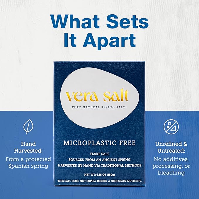 Vera Salt Flake Spring Salt – 180g Glass Jar – Gourmet Finishing Salt Flakes from Spain – Hand-Harvested White Crystals with Natural Minerals - Microplastic-Free Salt