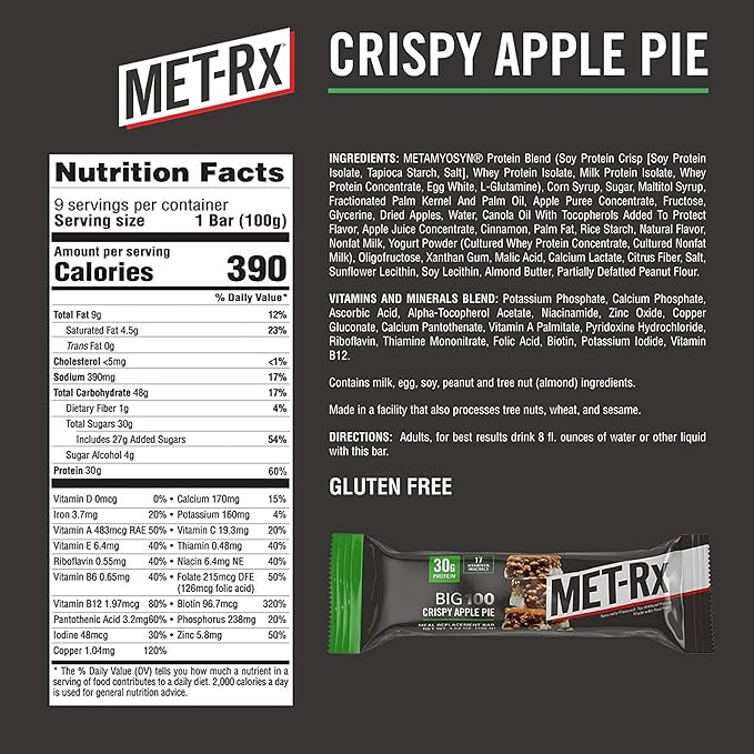MET-Rx Big 100 Colossal Protein Bars Crispy Apple Pie Meal Replacement Bars 9 Count (Pack of 2)