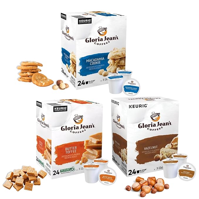 Gloria Jean's K-Cups Coffee Pods Variety Pack - Macadamia Cookie Butter Toffee Hazelnut (72 Count 24 Ct Each Medium Roast Keurig Kosher)