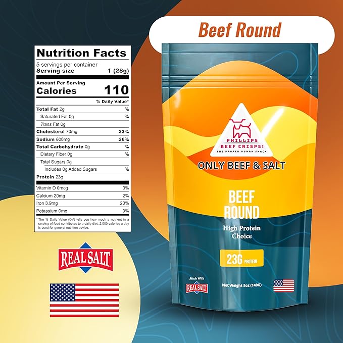 Phillips Beef Crisps - Lean Round - Only Beef &amp Salt - Zero Carbs - Zero Sugar - High Protein Meat Snacks - 23g Protein