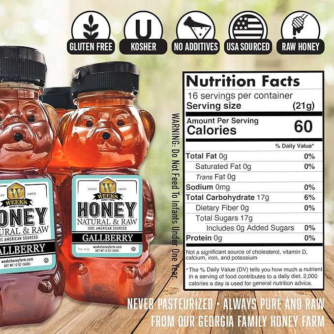Weeks Pure Raw &amp Unfiltered Gallberry Honey - 12 oz Bear 6 Pack Kosher Certified Gluten-Free All-Natural Southern Rich Floral Flavor for Tea Baking &amp Wellness Premium Georgia Holly Honey