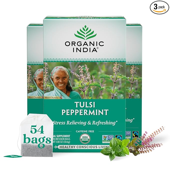 ORGANIC INDIA Tulsi Peppermint Tea - Caffeine Free Herbal Mint Tea - Stress Relieving Holy Basil Immune &amp Digestion Support Vegan USDA Certified Organic Fairtrade - 18 Infusion Bags 3 Pack
