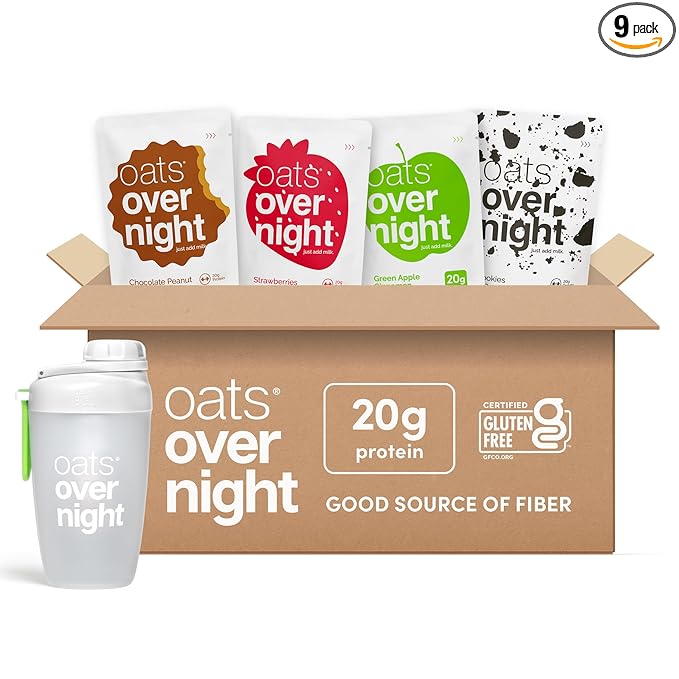 Oats Overnight Classic Variety Pack - High Protein High Fiber Breakfast Protein Shake - Gluten Free Oatmeal Non GMO Oatmeal - Green Apple Cinnamon Cookies &amp Cream &amp More (8 Pack + Shaker Bo