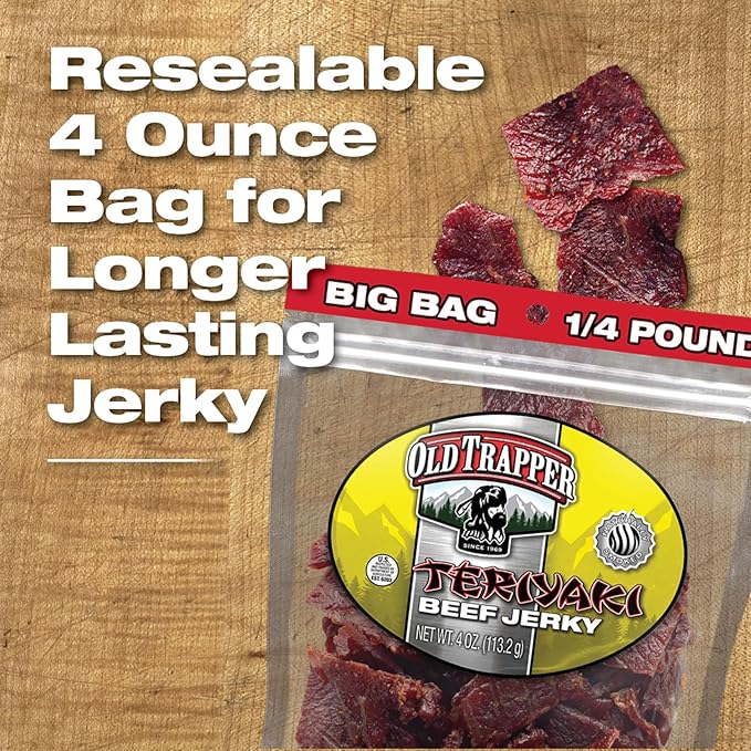 Old Trapper Beef Jerky Teriyaki 1/4-Pound Individual Package Savory and Sweet Meat Snack for Lunches or Between Meals 11 Grams of Protein Zero Grams of Fat 70 Calories per Serving (Pack of 8)