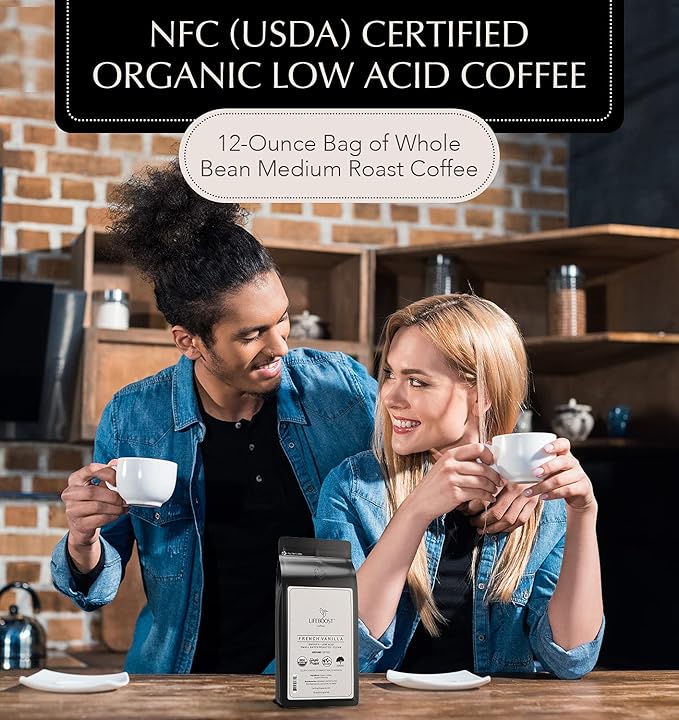 Lifeboost French Vanilla Ground Coffee - Non-GMO Low Acid Single Origin USDA Organic Coffee - Third Party Tested For Mycotoxins &amp Pesticides - 12 Ounces