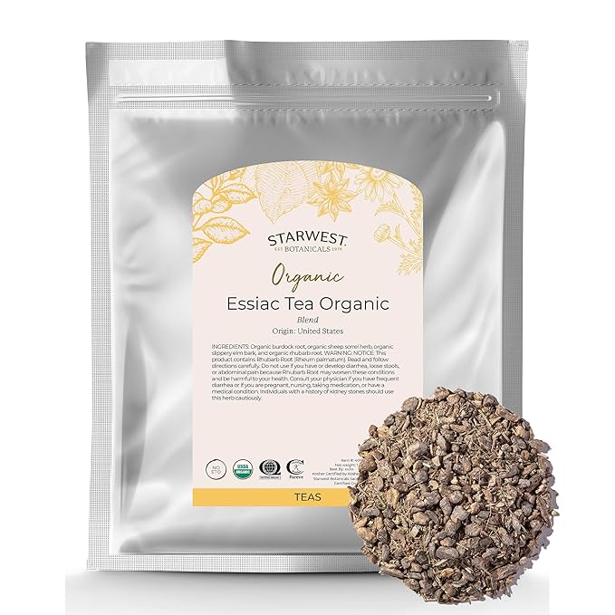Starwest Botanicals Essiac Tea Organic - Caffeine Free Herbal Blend Loose Leaf Burdock Root Slippery Elm Bark Sheep Sorrel &amp Rhubarb Certified Kosher Non-GMO - Bulk 1 lb Bag