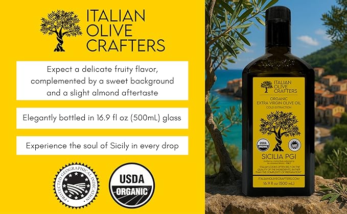 Italian Olive Crafters Polyphenol Rich Organic Extra Virgin Olive Oil 16.9 fl oz - 646 mg/kg High Polyphenols - Organic Olive Oil Extra Virgin Cold Pressed Glass Bottle
