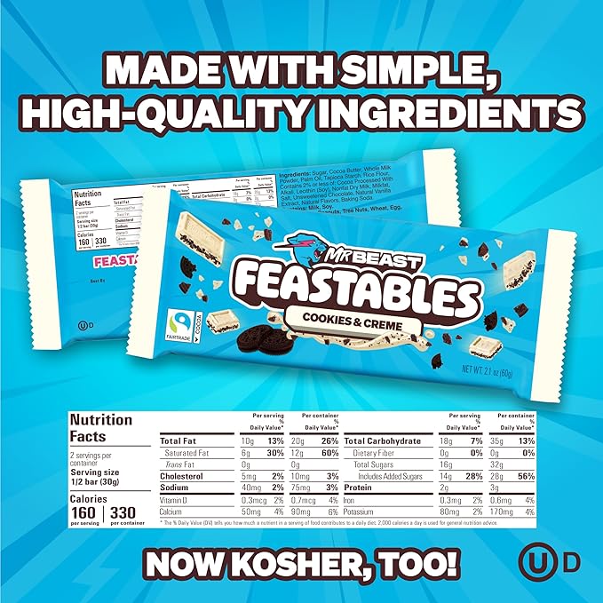 Feastables MrBeast Milk &amp Cookies Variety Pack King Size Milk Chocolate &amp Cookies &amp Creme Bars 2.1oz 20ct