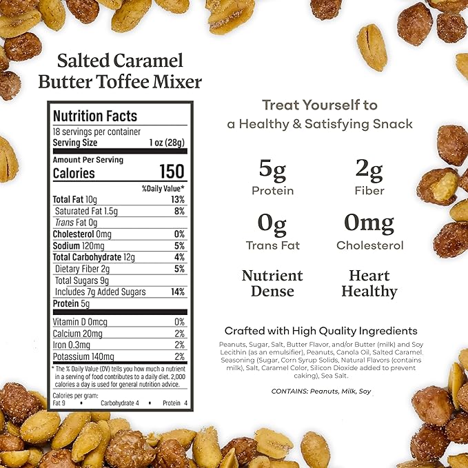 Belmont Peanuts Gourmet Salted Caramel Butter Toffee Mixer with Sea Salt and Butter Toffee Flavored Virginia Peanuts 18 oz (1 Pack) – Simple Ingredients No Preservatives Hand Seasoned Snack
