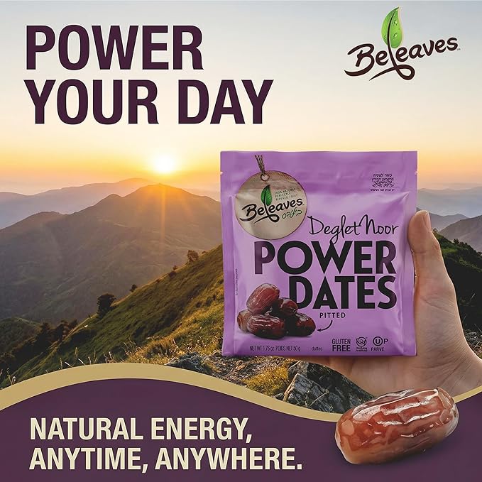Beleaves Deglet Noor Pitted Power Dates 1.76 oz (12 Pack) | Single Serve Snack Pouches | Low Sodium High Fiber | Natural Energy Fruit Snack | No Added Sugar Gluten Free Vegan | Kosher