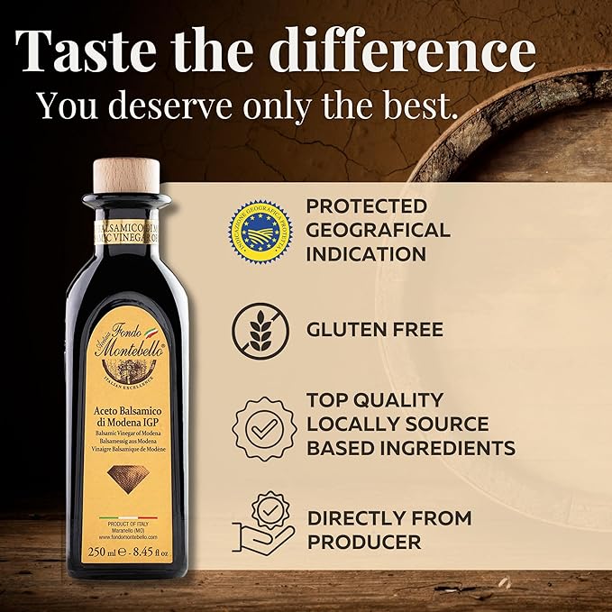 Balsamic Vinegar of Modena 8.45 fl.oz. (250ml) FONDO MONTEBELLO IGP-Certified Dense and Delicious Balsamic Vinegar Perfect for Salads Meats and Desserts - Product from Italy