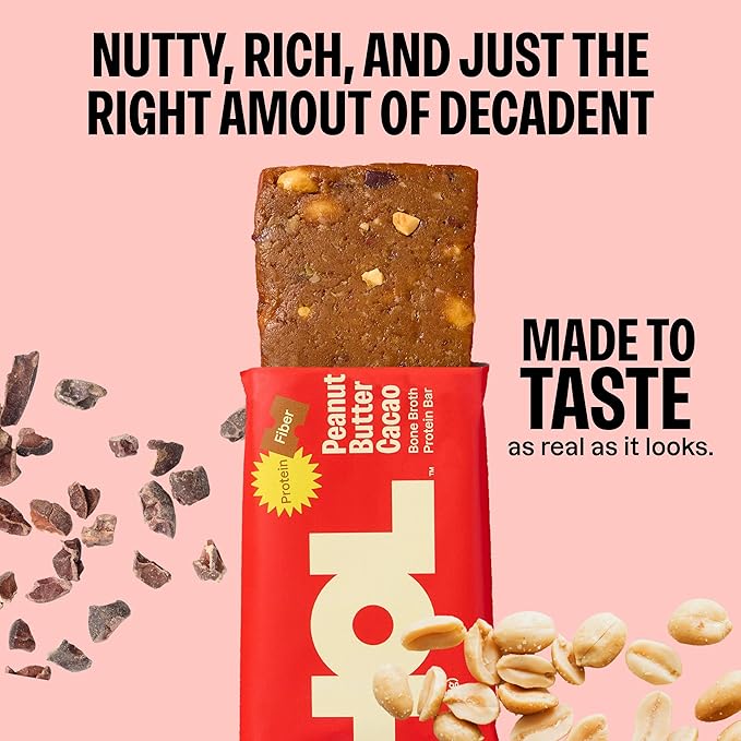 HOL Bone Broth Protein Bars - Peanut Butter Cacao - 20g Whole-Food Protein - Natural Energy Snack Made with Real Ingredients - Gluten-Free No Artificial Additives - Great On-the-Go Fuel - 12 Pack