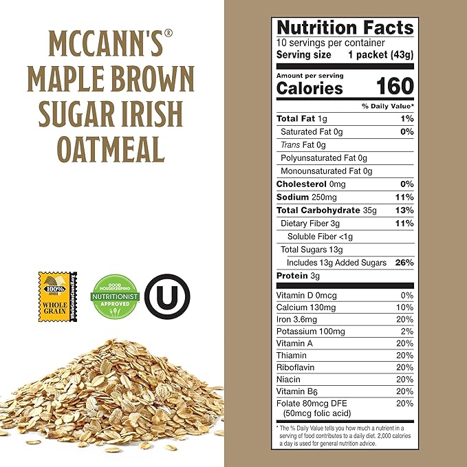 McCann’s Instant Irish Oatmeal Maple Brown Sugar 10 Packets (Pack of 12)