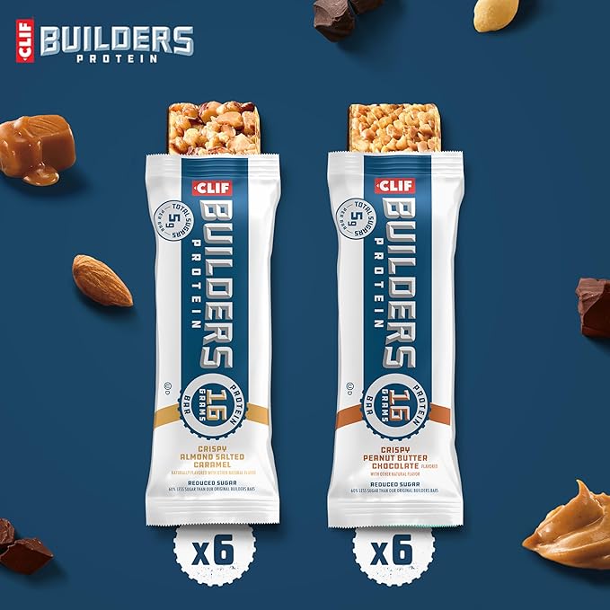 CLIF BUILDERS Protein Bars - Crispy Almond Salted Caramel and Crispy Peanut Butter Chocolate Variety Pack - Reduced Sugar - Gluten Free - 16g Protein - No Artificial Sweeteners - 1.97 oz. (12 Count)