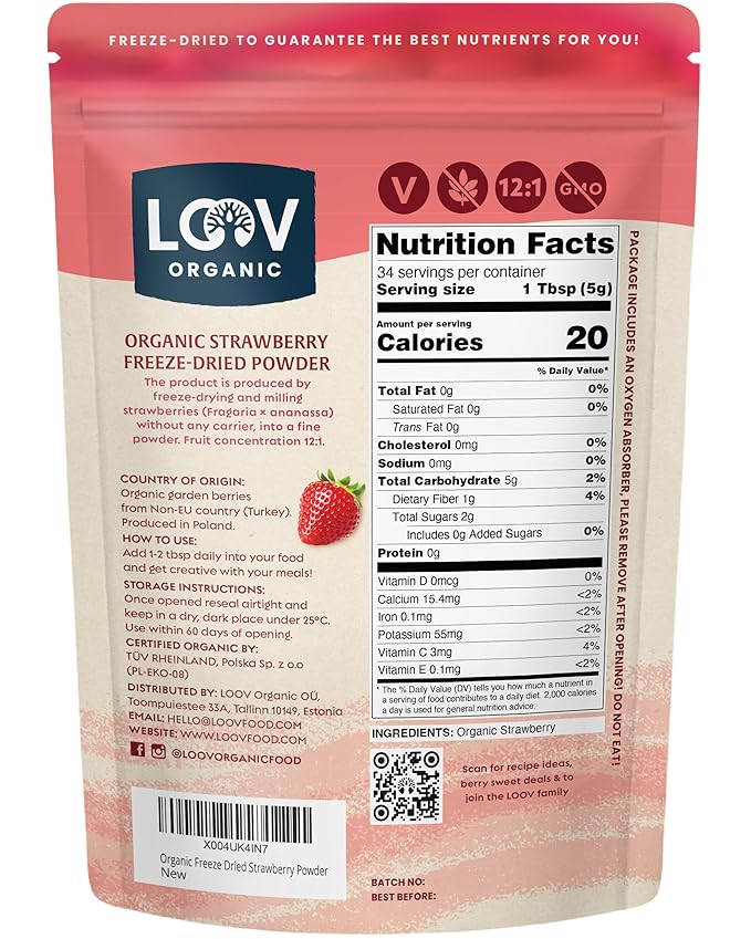 LOOV Organic Freeze Dried Strawberry Powder - 29-Day Supply 6 Oz Good for Smoothie Baking &amp Seasoning Freeze-Dried &amp Processed in Certified Facilities No Added Sugar