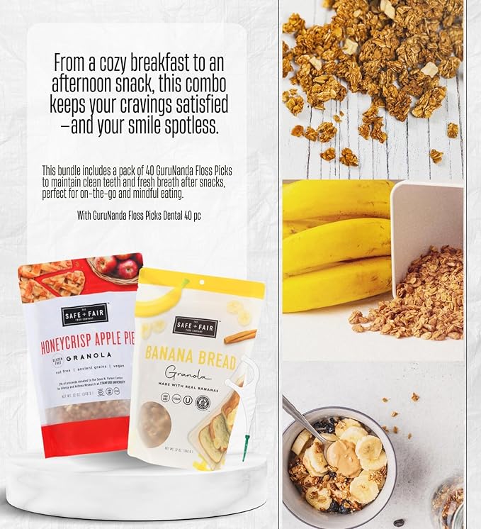 The Safe And Fair Food Company Granola Honeycrisp Apple 12 oz Granola Banana Bread 12 oz Bundle with Dental Floss – Allergen-Free Plant-Based with Clean Ingredients – Gift Set (3 Items)