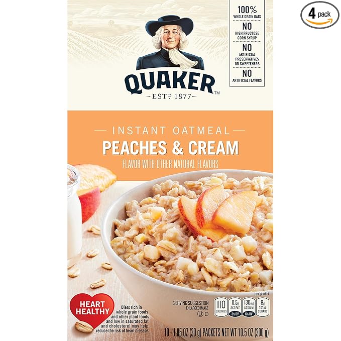 Quaker Instant Oatmeal Peaches &amp Cream Breakfast Cereal 10 Packets Per Box
