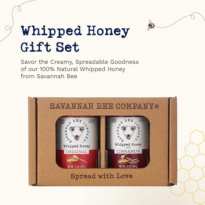 Whipped Honey Gift Set by Savannah Bee - Creamy Smooth Spreadable and absolutely Delicious - 100% Natural and Pure Honey - 12 Oz (Original &amp Cinnamon)