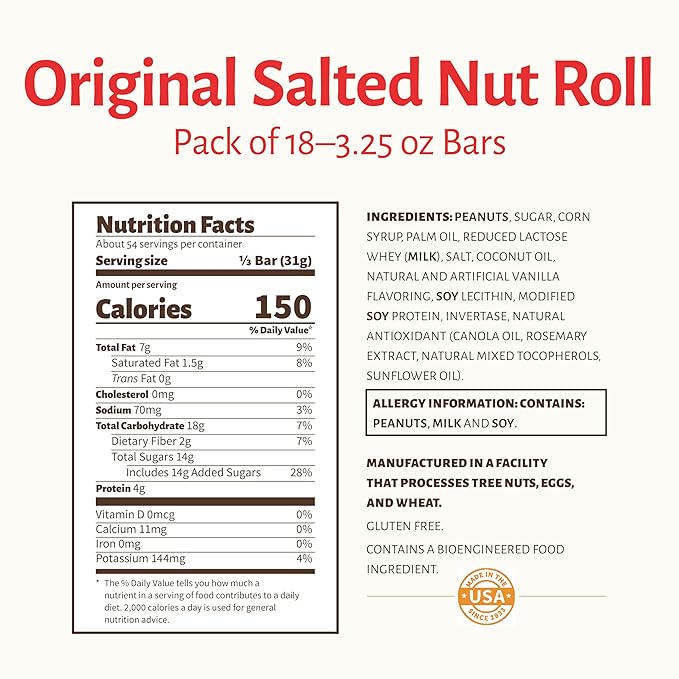 Pearson's King Original Salted Nut Roll | Loaded With Crunchy Roasted Peanuts Golden Caramel and Chewy Nougat | Pack of 18-3.25 oz. King-Sized Candy Bars