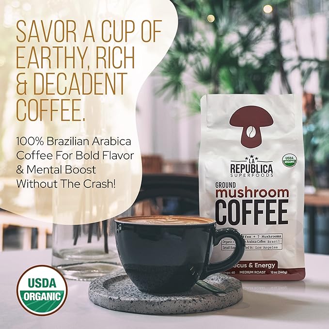 La Republica Ground Mushroom Coffee Organic Fair Trade Arabica with Superfood Mushrooms (Medium Roast 60 Servings)