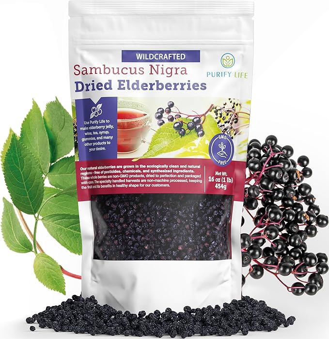Dried Elderberries - 1lb Bulk - Hand-Sorted Wildcrafted Natural Non-GMO Whole European Immune System Support for Black Elderberry Syrup Gummies Jelly Tea Wine Raw Sambucus One Pound