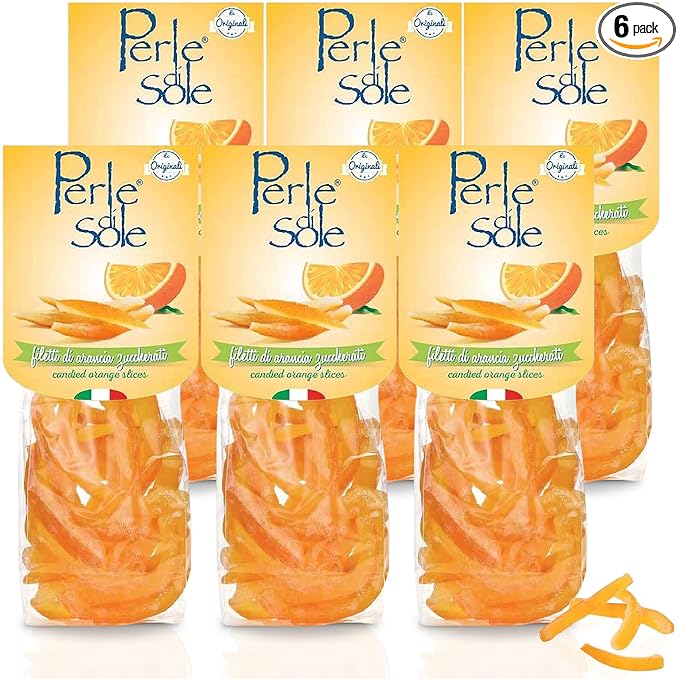 Perle di Sole Candied Orange Peels Dipped in Sugar - Italian Candied Orange Peel Slices for Baking and Snacking - 6 Pack (3.5 oz | 100 g)