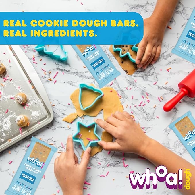 Whoa Dough Edible Cookie Dough Bars- Certified Non-GMO Kosher and Gluten Free Bars - Healthy Snack Foods - Plant Based Snacks Made With Real Ingredients - Sprinkle Sugar Cookie Dough - 4 Pack